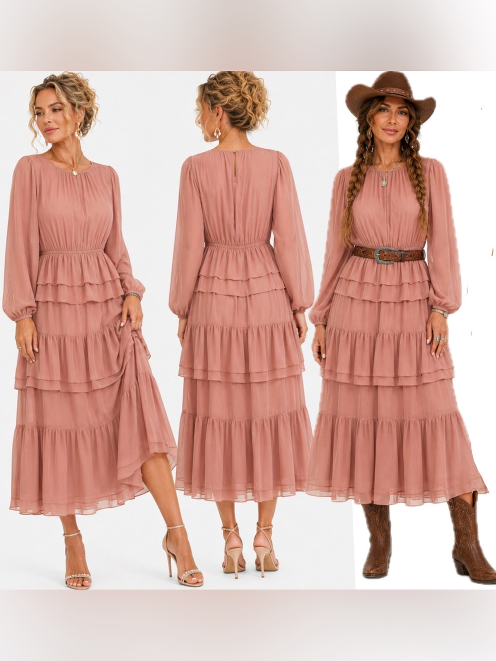 H&M Dusty Rose Chiffon ruffled tiered, balloon, sleeves, midi/tea length dress M